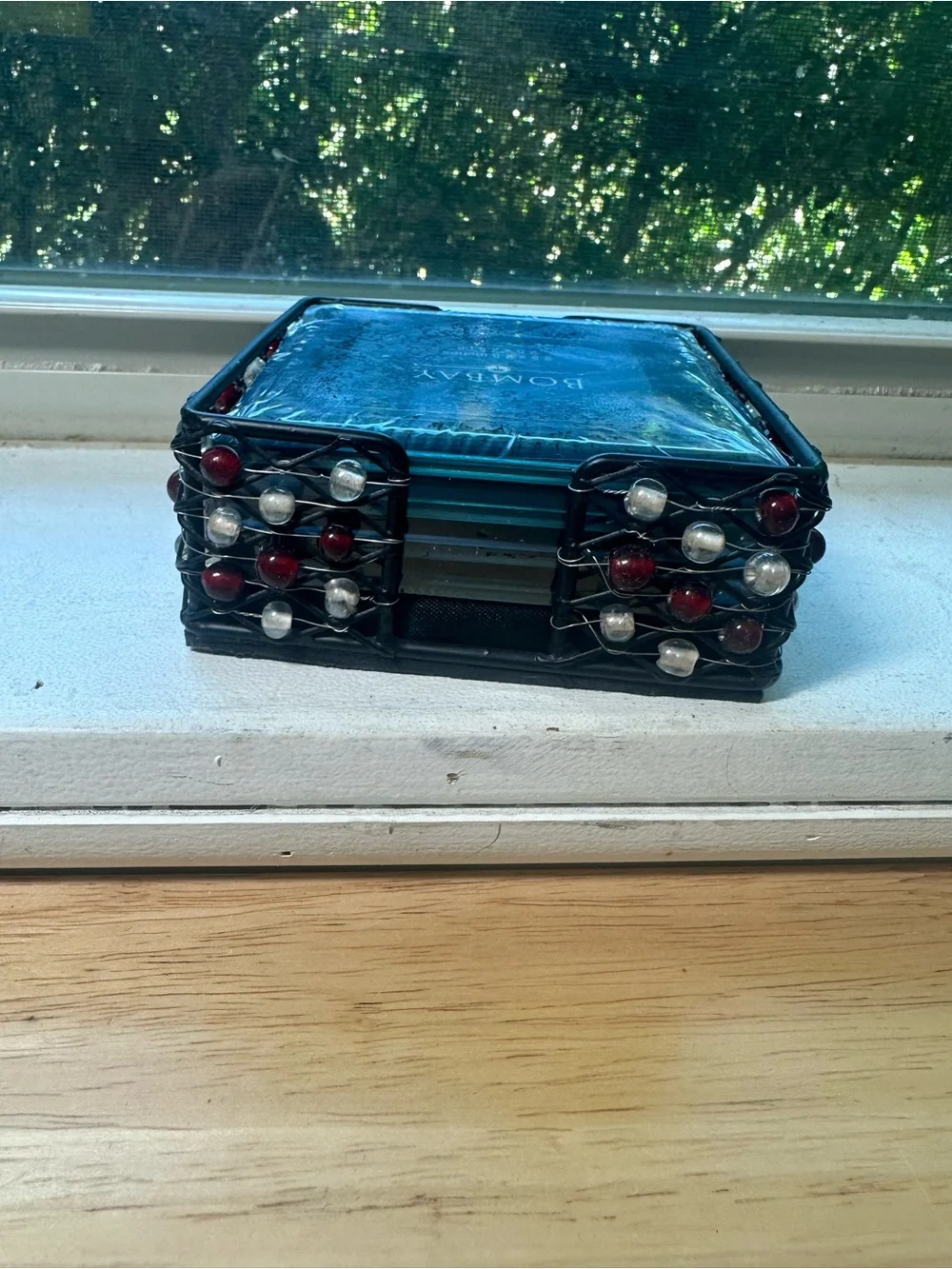 Bombay Co beaded caddy with four glass 2 x 5” x 2 x 5” photo coaster set